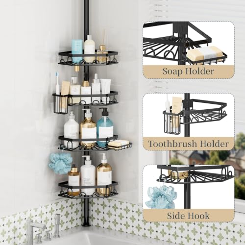 Consumest Black Tension Pole Shower Caddy - 4 Tier Corner Shelves with Brush & Soap Holder, Rustproof Stainless Steel, Adjustable 27.6-108.3 Inches