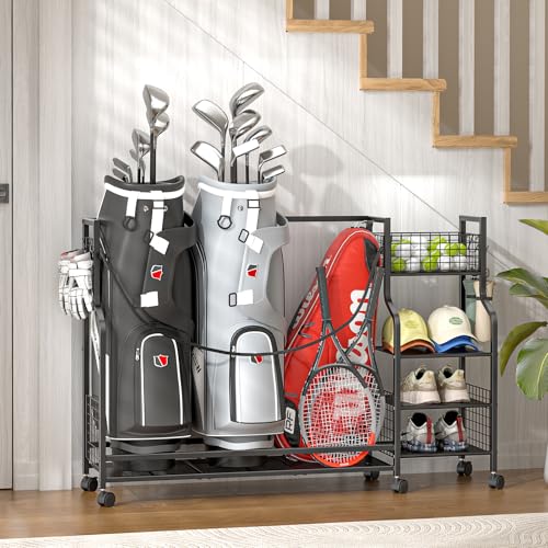 DAOUTIME Golf Bag Storage Rack for Garage – Holds 3 Bags, Wheels, Organizer for Clubs & Accessories