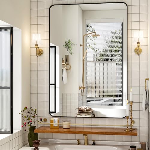 Black Rectangular Bathroom Mirror 30x48 Inch Wall-Mounted Vanity Mirror with Rounded Corners