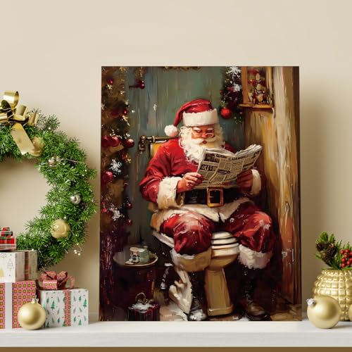 XIPLUM Funny Christmas Bathroom Canvas Wall Art Framed Santa on Toilet 8x10 in - Holiday Humorous Poster