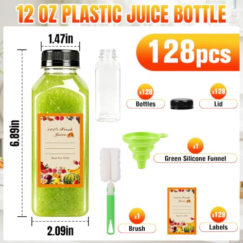 12 oz Reusable Plastic Juice Bottles Pack of 128 with Caps & Labels - Clear