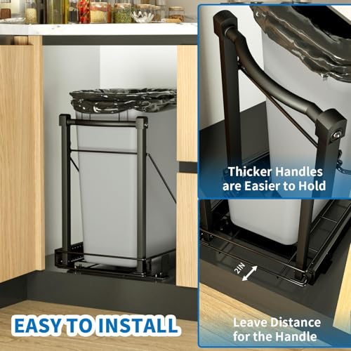 Pull Out Trash Can Organizer for Cabinets - Soft Close, Adjustable Fit