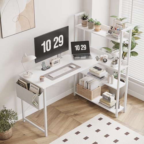 Treesland 47-Inch White Corner Computer Desk with Bookshelf & Storage