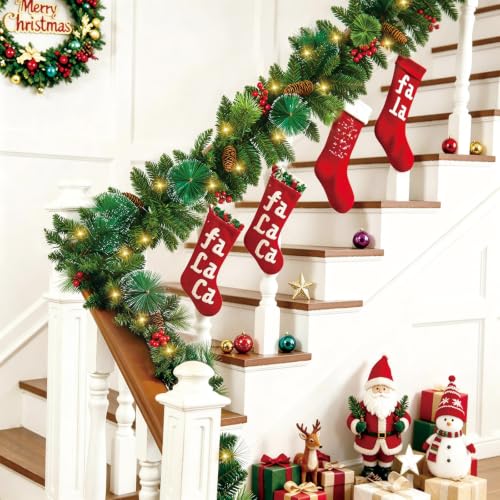 Dark Green 9FT Christmas Garland with Lights, Artificial Seasonal Decor with Cones & Berries