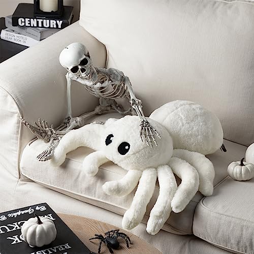 White Spider Halloween Throw Pillow - Cute Faux Fur Tarantula Cushion 22x16 inches