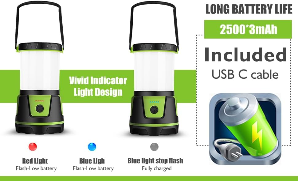 Rechargeable LED Lantern - 3000 Lumens, 5 Light Modes, IP54 Waterproof | Portable 7500mAh Flashlight for Camping & Emergencies (Green)