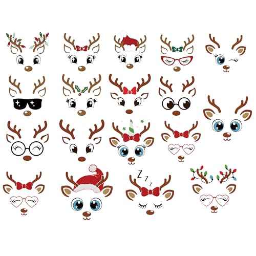18 PCS Christmas Reindeer Face Stickers for Ornaments, Vinyl Decals DIY Craft Art Stickers for Christmas Ball/Water Bottles/Wine Glass, for Home Window Sticker Party Decorations