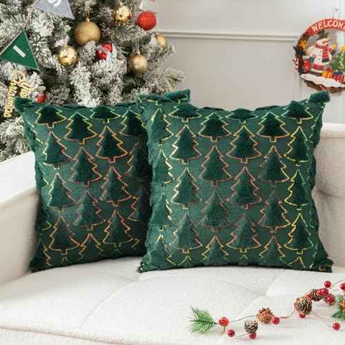 UGASA Christmas Tree Decorative Pillow Covers 18x18 Inch Set of 2 Soft Plush Faux Fur Luxury Sparkling Sequin Pattern Throw Pillows Pillowcases for Couch Sofa Holiday Festivals Home Decor, Dark Green