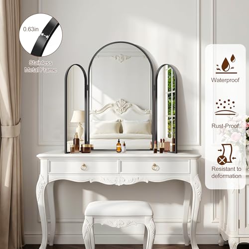 Black 30x36 Inch Tri-Fold Arched Vanity Mirror Wall Mount for Makeup & Hair