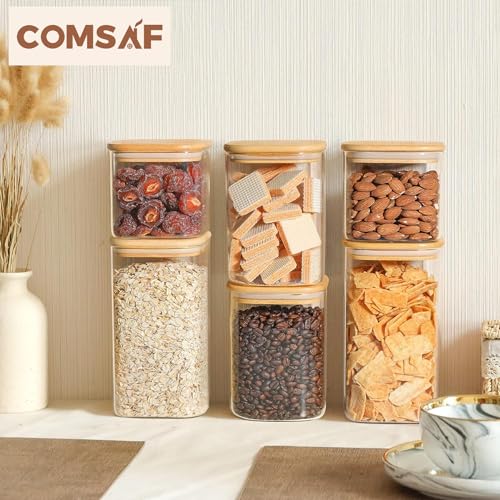 Glass Pantry Storage Containers Set of 6 - 0.7 Qt, 1.2 Qt, 1.6 Qt Square Jars with Bamboo Lids