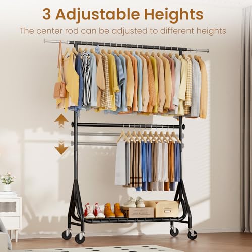 Heavy Duty Clothes Rack with Double Rods & Lockable Wheels - Black, 78-Inch