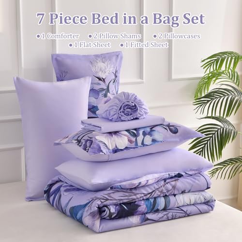 Queen Size Lavender Floral Comforter Set - 7 Piece Microfiber Bedding, All Season