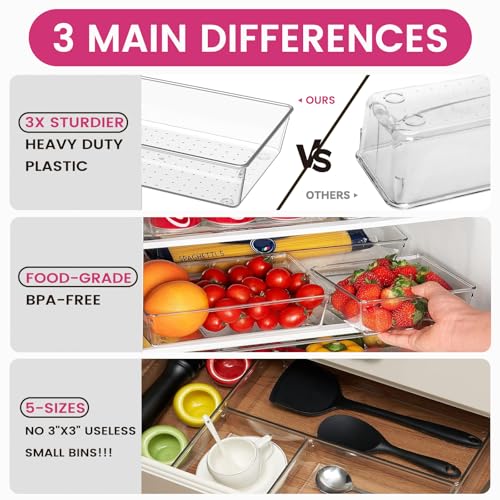 26 Pack Large Clear Drawer Organizer Bins - Versatile Kitchen, Bathroom & Office Storage