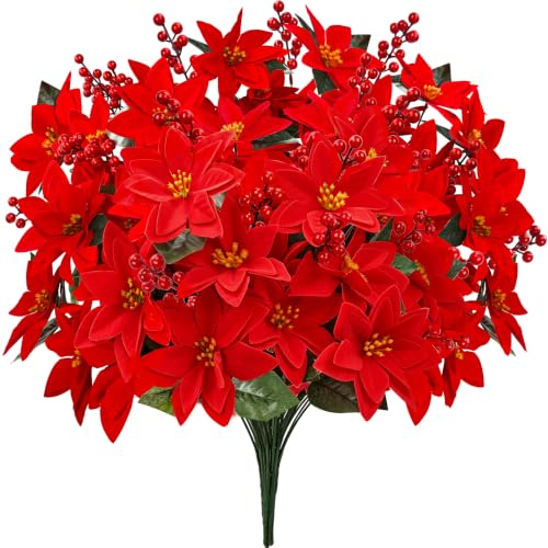 Der Rose Artificial Poinsettia Flowers 8 Stems with Holly Berries - Holiday Decor