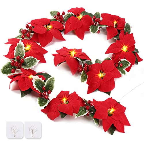 Sggvecsy Christmas Poinsettia Garland 7.1Ft Poinsettia Velvet Artificial Poinsettia Garland String Lights with Red Berries Holly Leaves for Christmas Decorations Mantle Indoor Outdoor Holiday Decor