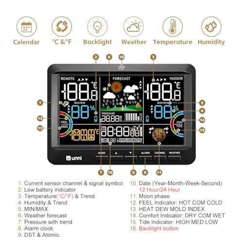 Wireless Indoor Outdoor Weather Station Thermometer Atomic Clock Black - Unni