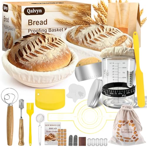 Qalvyn Yellow Sourdough Starter Kit with Proofing Baskets & Accessories — Beginner Baking Set