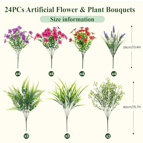 Artificial Flowers Pack - UV Resistant Faux Eucalyptus, Lavender & Spring Blooming Plants for Outdoor & Indoor Decor