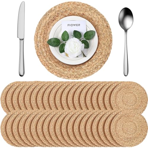 Foldtier 40 Pcs Round Woven Placemats Set - 11.8 Inch Natural Water Hyacinth
