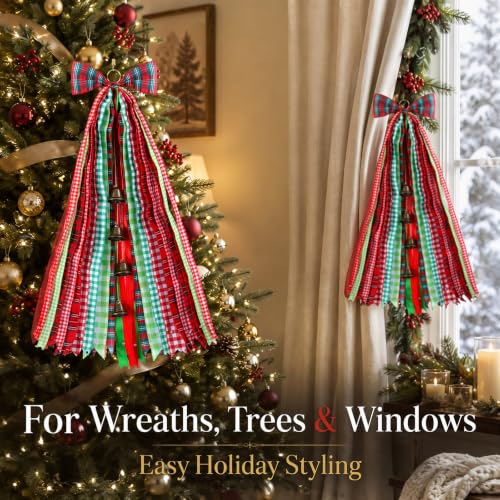 Large Christmas Plaid Wreath Bows with Bells - 2 Pack, 30x20 inches