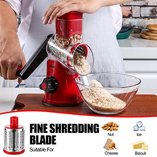 Geedel Red Rotary Cheese Grater Hand Crank with 3 Blades for Cheese & Vegetables