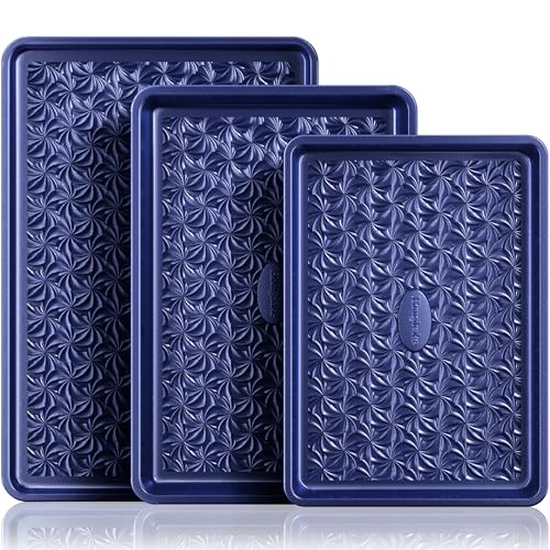 Nonstick Baking Sheet Pan Set of 3 with Floral Swirl Design - Blue, Starlight Variation