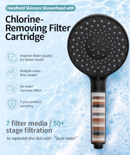 Filtered Shower Head with Handheld & 9 Spray Modes - Black + 1 Filter - 2.5 GPM
