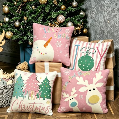 Pink Christmas Pillow Covers Set of 4 18x18 Inches – Linen-Texture Holiday Throw Cushions