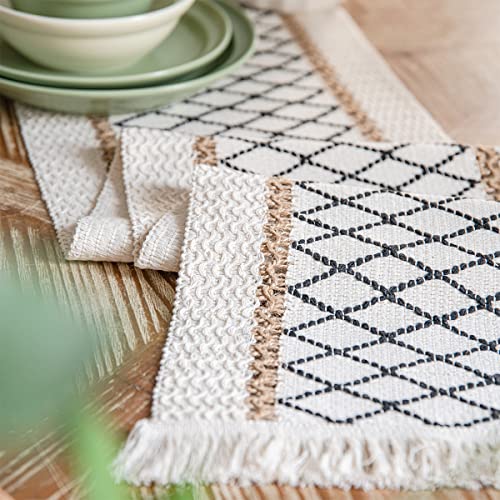 Table Runner, Boho Table Runner Cotton Linen Table Decorations, Farmhouse Table Runners with Tassels for Bohemian Wedding Bridal Shower Rustic Home Dining Table (Black/Grid/12x72)