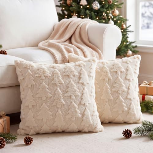 FEHERLO Christmas Tree Throw Pillow Covers 18x18 in Beige, Set of 2 – White Trees Variation