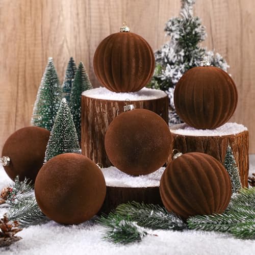Syhood 16 Pcs 4 Inch Brown Velvet Christmas Ornaments - Holiday Tree Decor