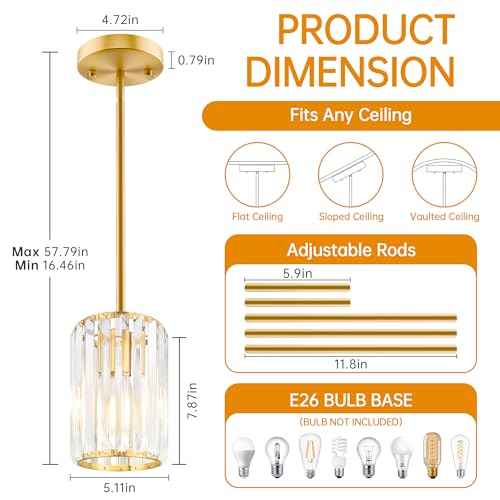 Esfos Gold Pendant Lights 3 Pack - Modern Crystal Kitchen Island Pendant with Adjustable Height, UL Certified, E26 Base