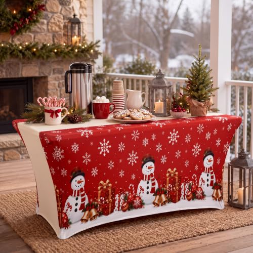 2 Pcs 6ft Christmas Stretch Tablecloth Snowman Snowflake Table Cover