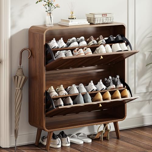Decofy Dark Walnut Shoe Cabinet with 2 Flip Drawers & Adjustable Shelves