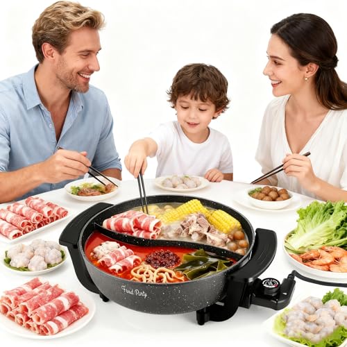 Food Party 6L Electric Hot Pot with Divider, 5-Level Temp Control, Fast Boil, Non-Stick