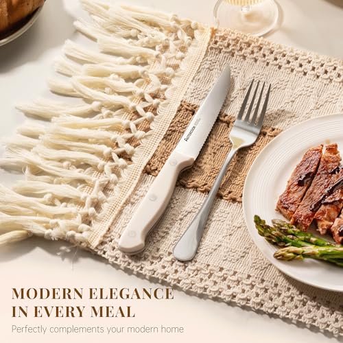 Astercook Set of 8 High Carbon Stainless Steel Steak Knives - Full Tang, Serrated, Dishwasher Safe, Cream White Handles