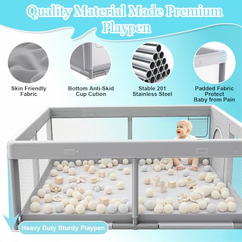 JINXIA 50x50 Inch Baby Playpen - Light Grey, Soft Skin-Safe Fabric, Baby & Toddler Safety Enclosure