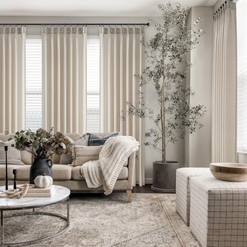 Topfinel Oatmeal Linen Blended Pleated Sheer Curtains - 2 Panels, 40"x96", Light Filtering Window Drapes, Pack of 2
