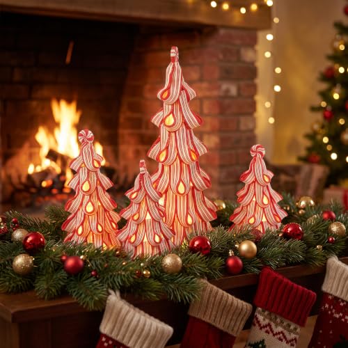 Multicolor 4 Pcs Christmas Ribbon Candy Table Trees with Lights