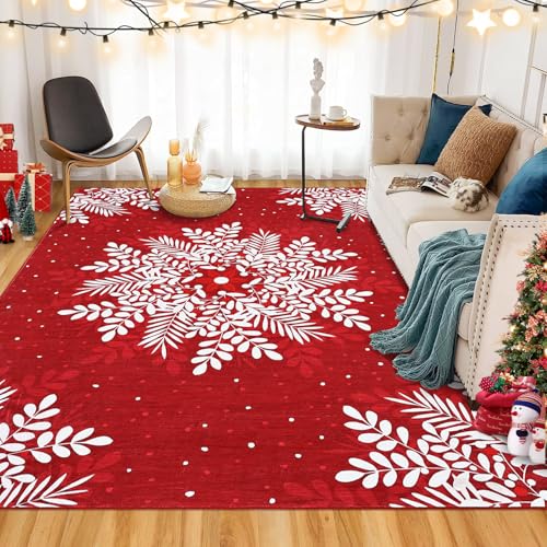 GarveeHome Christmas Snowflake Area Rug 6x9 ft Red Washable Non-Slip Low Pile
