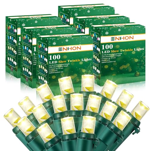 Enhon Slow Twinkling Christmas Lights 6 Pack Warm White 100 Lights 35ft – End-to-End Easy-Connect