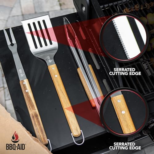 BBQ 3 Pcs Set - Heavy Duty Stainless Steel Grill Tools with Hard Wood Handles - BBQ-Aid