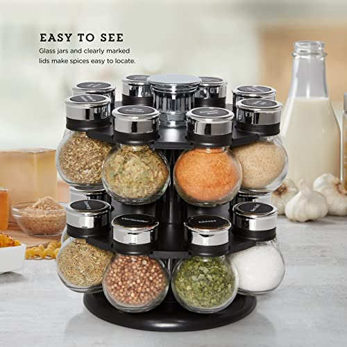 16-Jar Revolving Spice Rack with Clear Labeled Caps & Removable Sifters