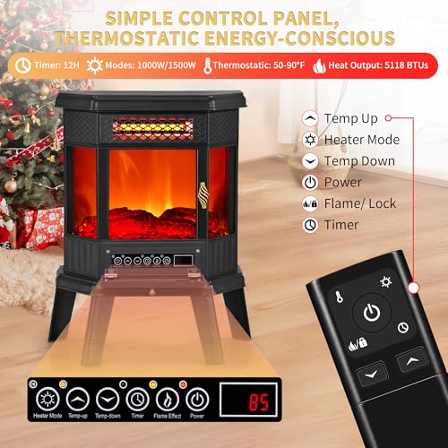 RealSmart Black 22-Inch Electric Fireplace Heater with 3D Flame, Remote & Timer