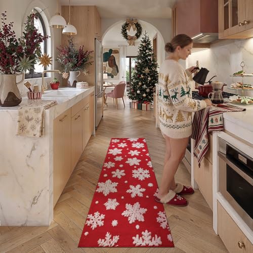 Hugear 2x5 Red Snowflake Christmas Runner Rug - 3D Snowflake, Medium Pile, Non-Slip