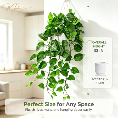 Muhanjia White Ceramic Pothos Artificial Plant with Drooping Vines, Indoor Fake Houseplant for Home & Office Decor