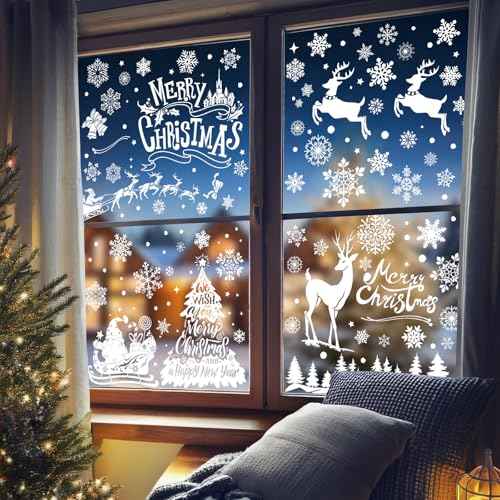 Amiya 216PCS Snowflake Christmas Window Clings White Xmas Window Stickers Santa Claus Reindeer Reusable Double Sided Holiday Window Decorations for Party Supplies
