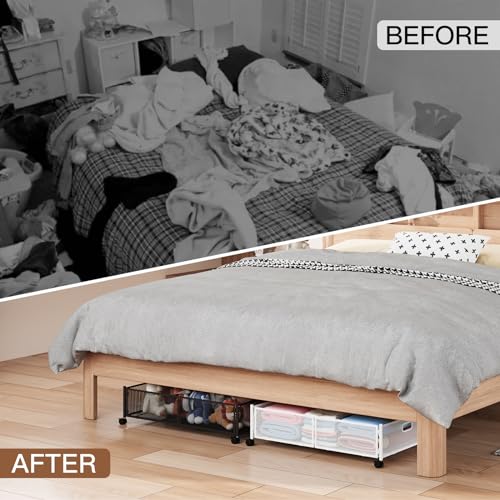 Gawerk Under Bed Storage Container with Wheels - Foldable Metal Mesh Bin for Clothes - Black - 2 Pack