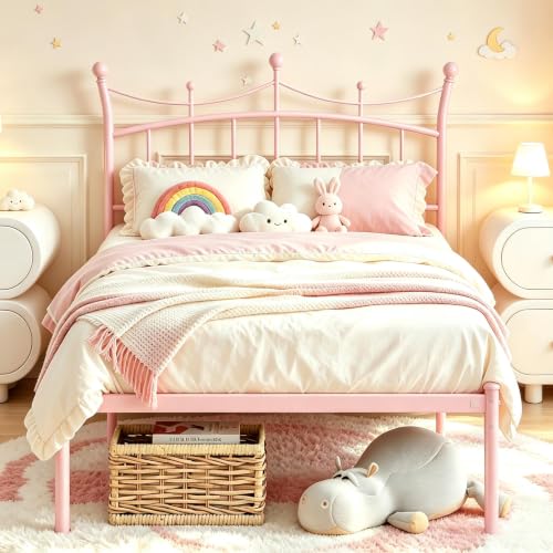 Pink Twin Bed Frame for Kids with Crown Headboard - Merronix Light Pink Twin Size Bed