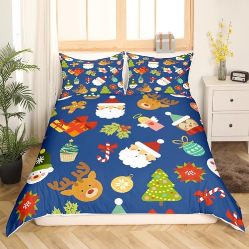 Feelyou Xmas Elk Deer Duvet Cover Set Kids Santa Claus Decorative Bedding Set Cute Penguin Comforter Cover Set for Women Men Room Decor Lightweight Navy Blue Bedspread Cover with 2 Pillow Cases